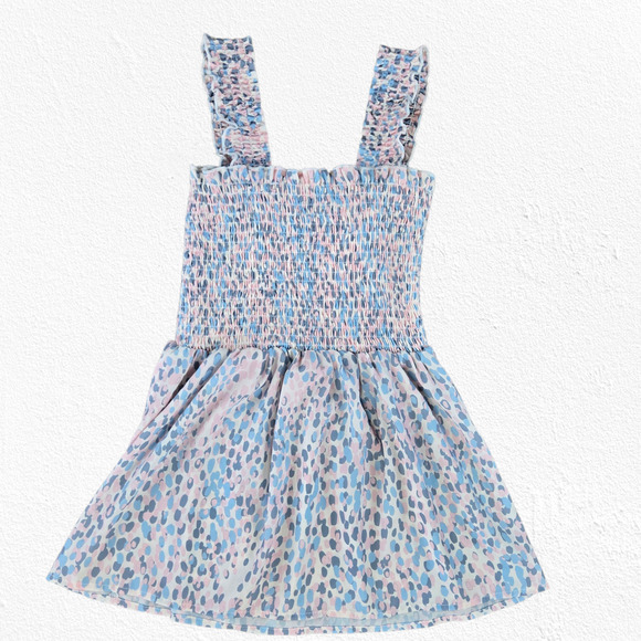 AQUA Smocked Blue Pink Abstract Print Ruffle Straps Babydoll Tank Top Size XS - Picture 1 of 5